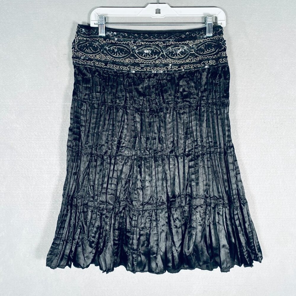 Vintage y2k Wet Seal Sequins Skirt Womens M Black Crinkle Pleat Midi Whimsy Goth